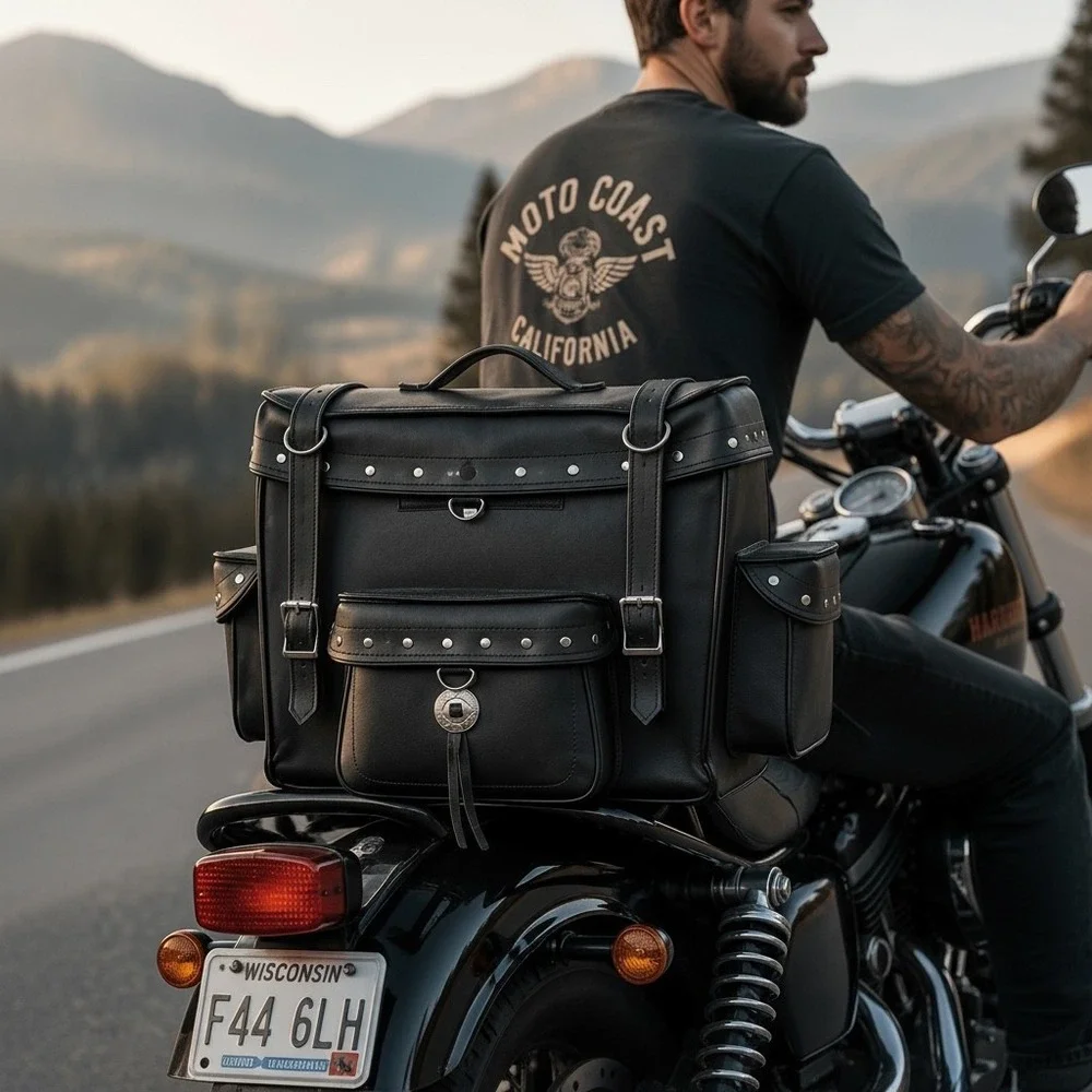 Motorcycle Sissy Bar Tee Bag Travel Luggage Tail Bag Black Studded Large